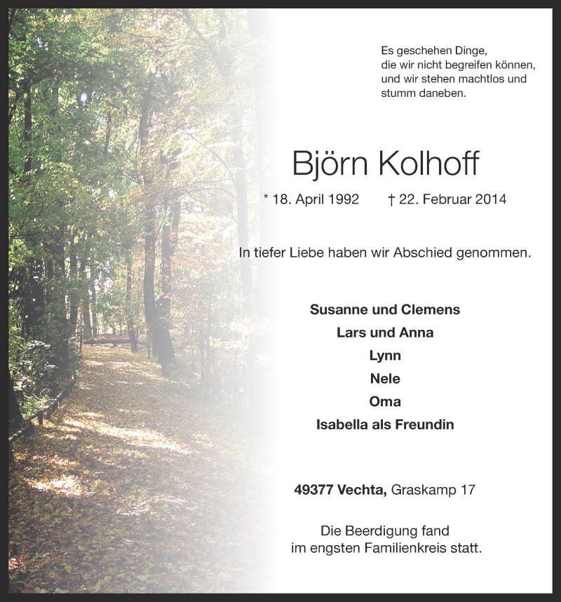  Traueranzeige für Björn Kolhoff vom 01.03.2014 aus OM-Medien
